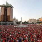 Spain World Cup victory celebration in Madrid with fans and trophy parade