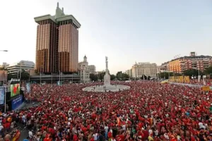 Spain World Cup victory celebration in Madrid with fans and trophy parade