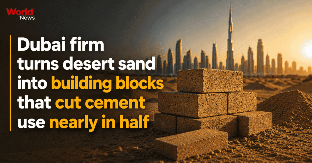 Stacked desert-sand building blocks with the Dubai skyline at sunset, World News graphic reading "Dubai firm turns desert sand into building blocks that cut cement use nearly in half"