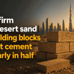 Stacked desert-sand building blocks with the Dubai skyline at sunset, World News graphic reading "Dubai firm turns desert sand into building blocks that cut cement use nearly in half"