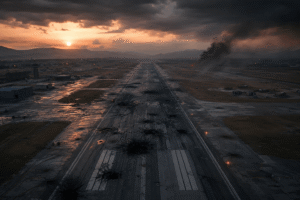 Aerial illustration of a damaged airfield runway, representing the strike on Syria's Abu al-Duhur airbase