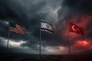 Illustration of American, Israeli and Turkish flags against a stormy sky, symbolizing three-way regional tension