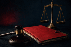 Symbolic illustration of a gavel and scales of justice, representing the international arrest warrant dispute