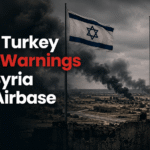 Israeli and Turkish flags flying over a smoke-filled Syrian skyline, illustrating escalating tensions between Israel and Turkey after an airstrike on a Syrian airbase