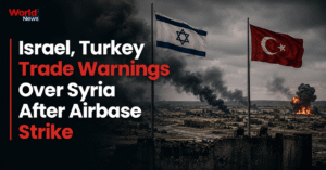 Israeli and Turkish flags flying over a smoke-filled Syrian skyline, illustrating escalating tensions between Israel and Turkey after an airstrike on a Syrian airbase