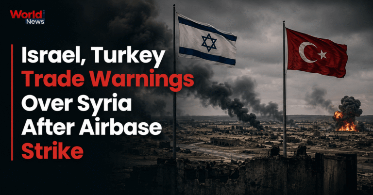 Israeli and Turkish flags flying over a smoke-filled Syrian skyline, illustrating escalating tensions between Israel and Turkey after an airstrike on a Syrian airbase