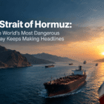 Oil tankers transit the Strait of Hormuz at sunset near the Iranian coast, with an Iranian flag in the foreground