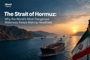 Oil tankers transit the Strait of Hormuz at sunset near the Iranian coast, with an Iranian flag in the foreground