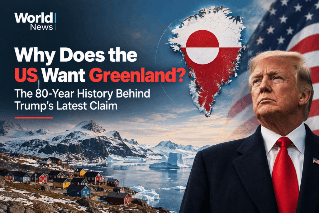 Why Does the US Want Greenland? Feature graphic showing Greenland's coastline, a map pin in the Greenlandic flag's colors over Greenland, and Donald Trump against a US flag, illustrating the 80-year history behind Trump's Greenland claim