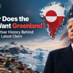 Why Does the US Want Greenland? Feature graphic showing Greenland's coastline, a map pin in the Greenlandic flag's colors over Greenland, and Donald Trump against a US flag, illustrating the 80-year history behind Trump's Greenland claim